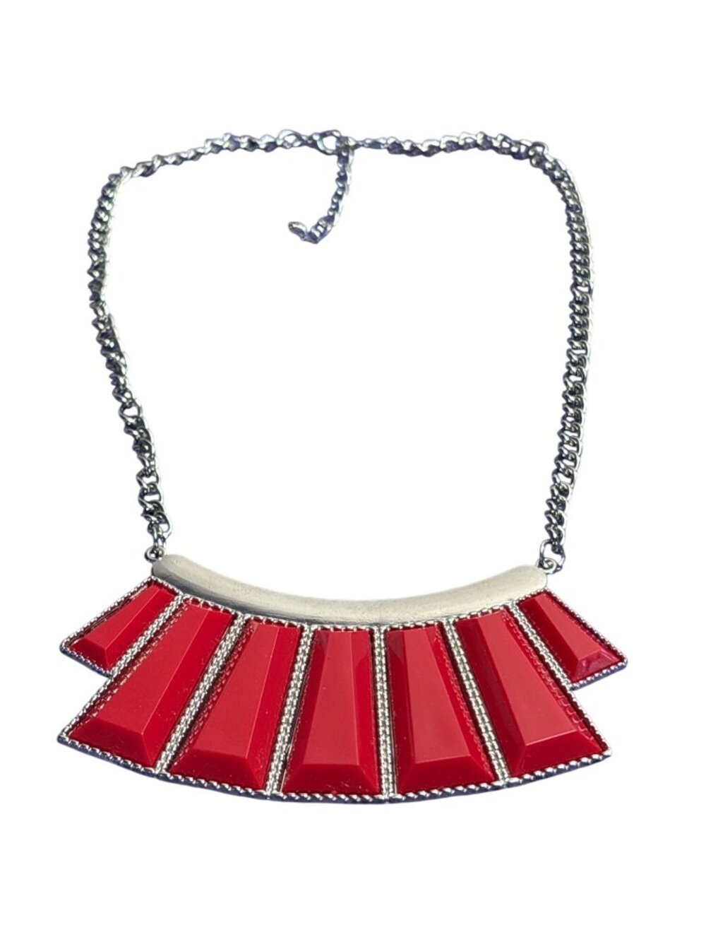 Red Rhinestone Silvertone Bib Necklace Lobster Clasp 16 - 19 inches Long